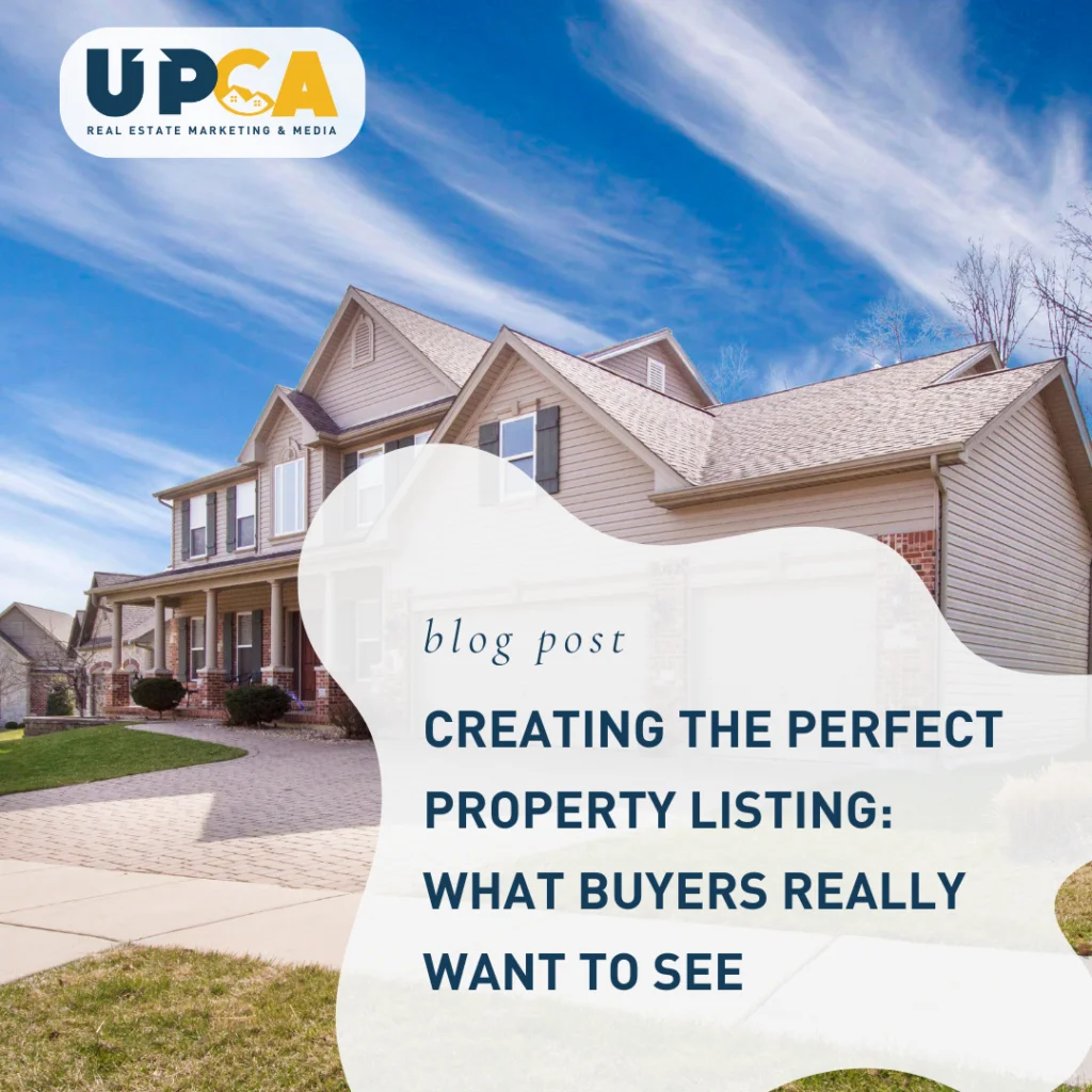 UPCA Real Estate Marketing blog post graphic over suburban two-story home with brick accents and blue sky