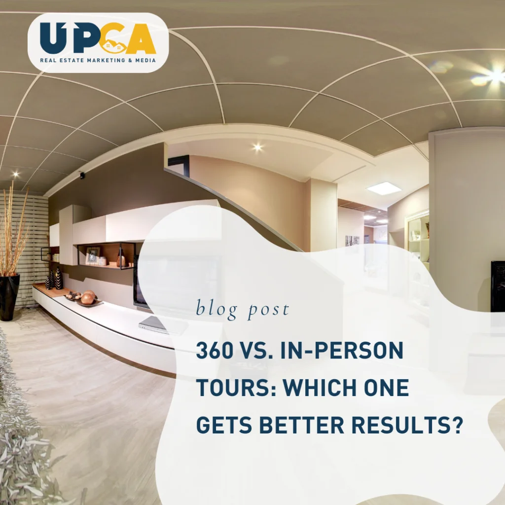 UPCA Real Estate blog post header showing 360-degree panoramic view of modern living room interior with built-in shelving