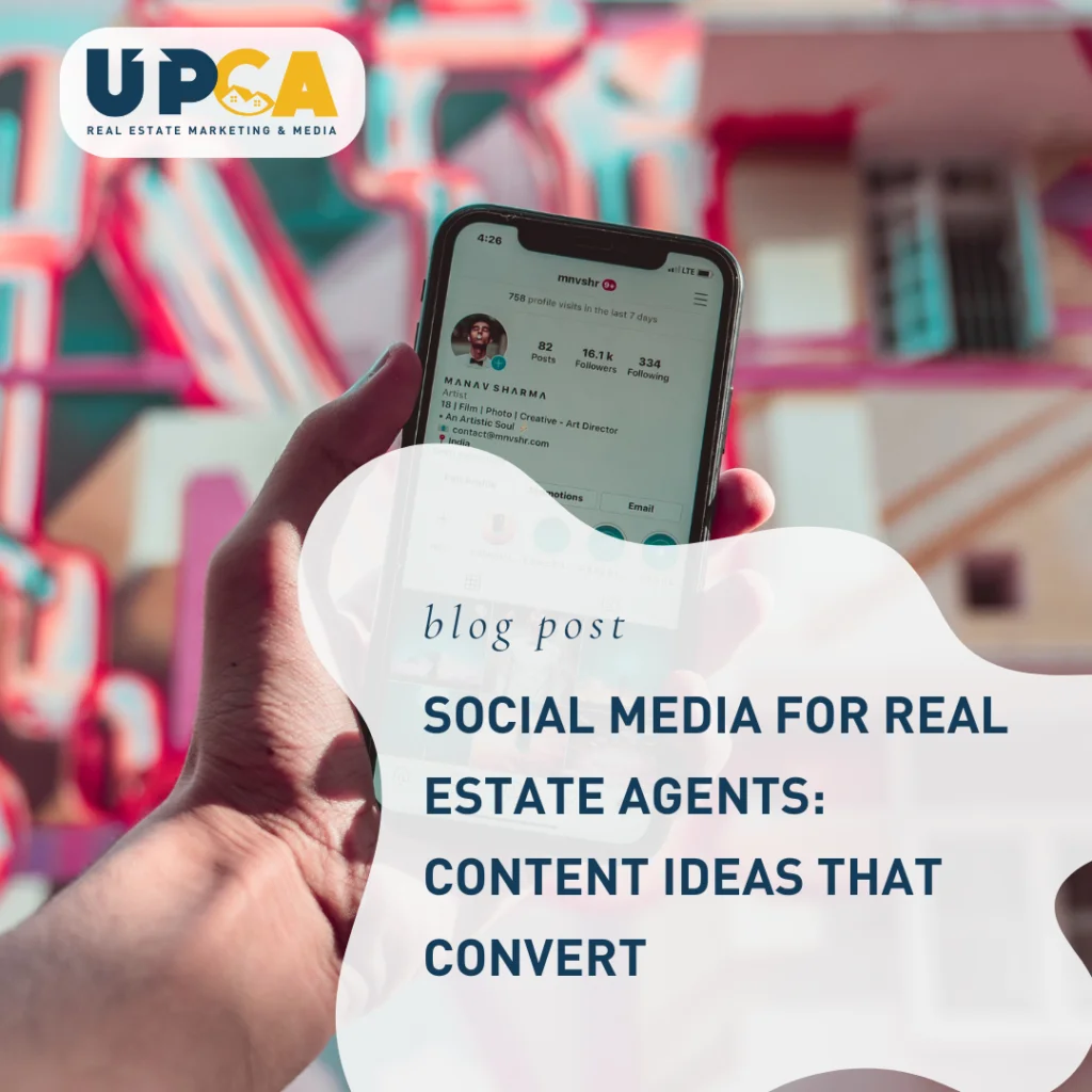 Hand holding smartphone showing Instagram profile in front of colorful building - UPCA Real Estate Social Media Content Ideas