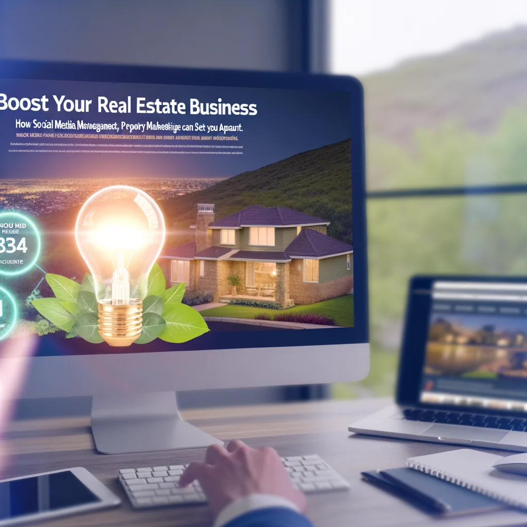 Real estate professional viewing a monitor displaying Boost Your Real Estate Business social media marketing tips with a glow