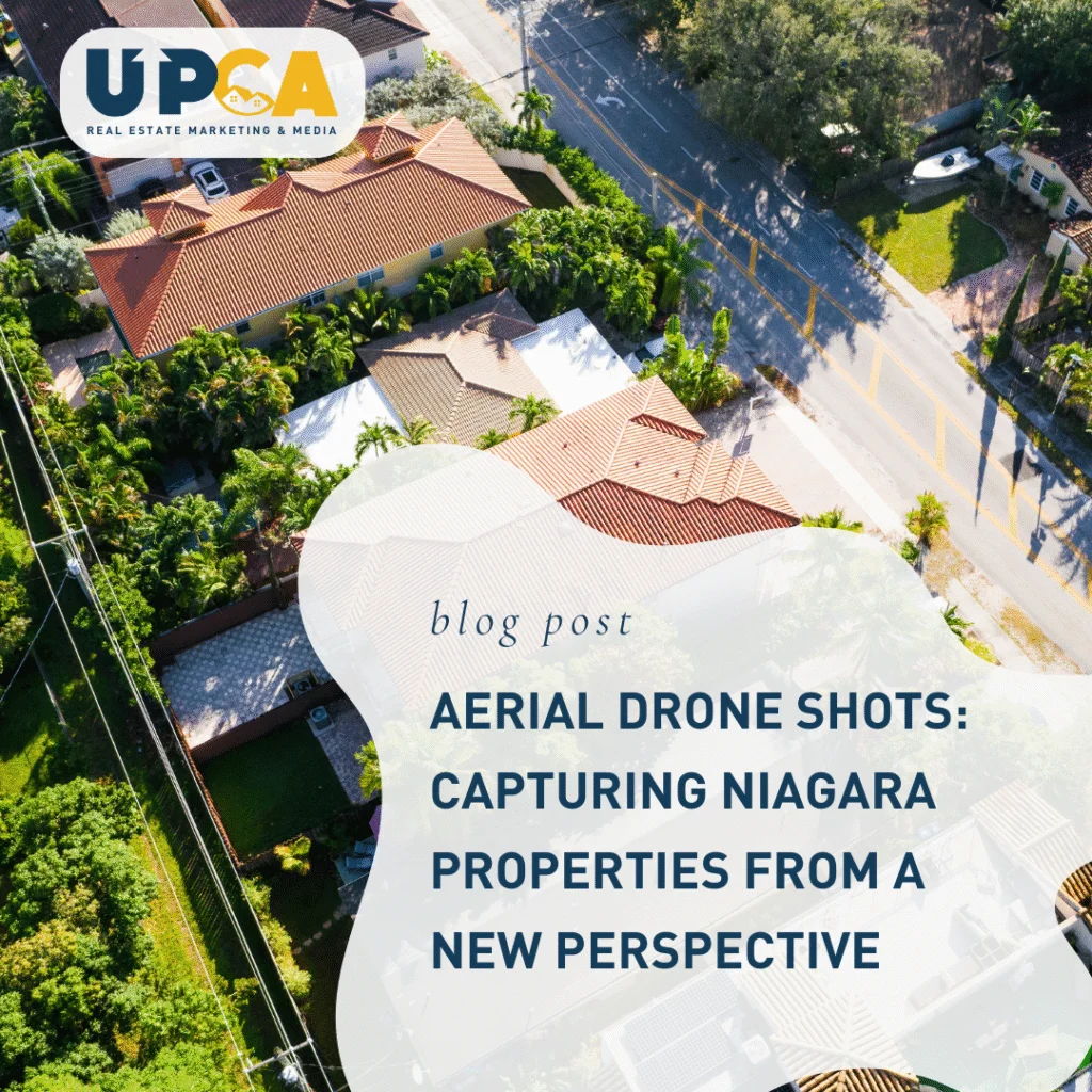 UPCA Real Estate blog post aerial drone shot of residential neighborhood with terracotta roofs and palm trees in Niagara