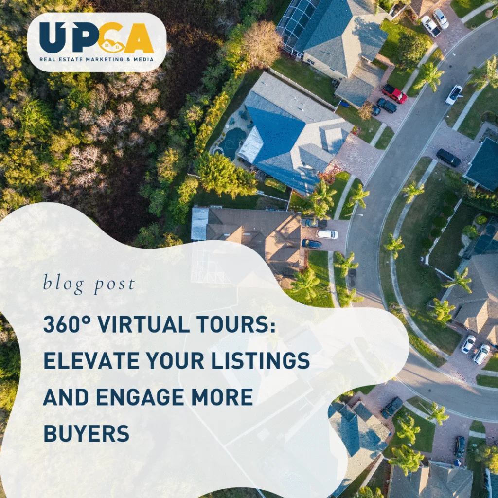 UPCA Real Estate Marketing blog post graphic about 360° Virtual Tours overlaid on aerial view of suburban neighborhood