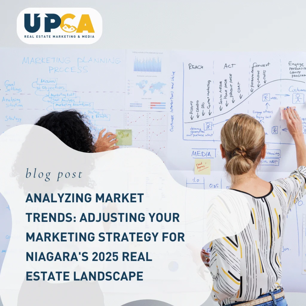 Two women writing on a whiteboard with marketing planning diagrams for UPCA Real Estate Marketing blog post