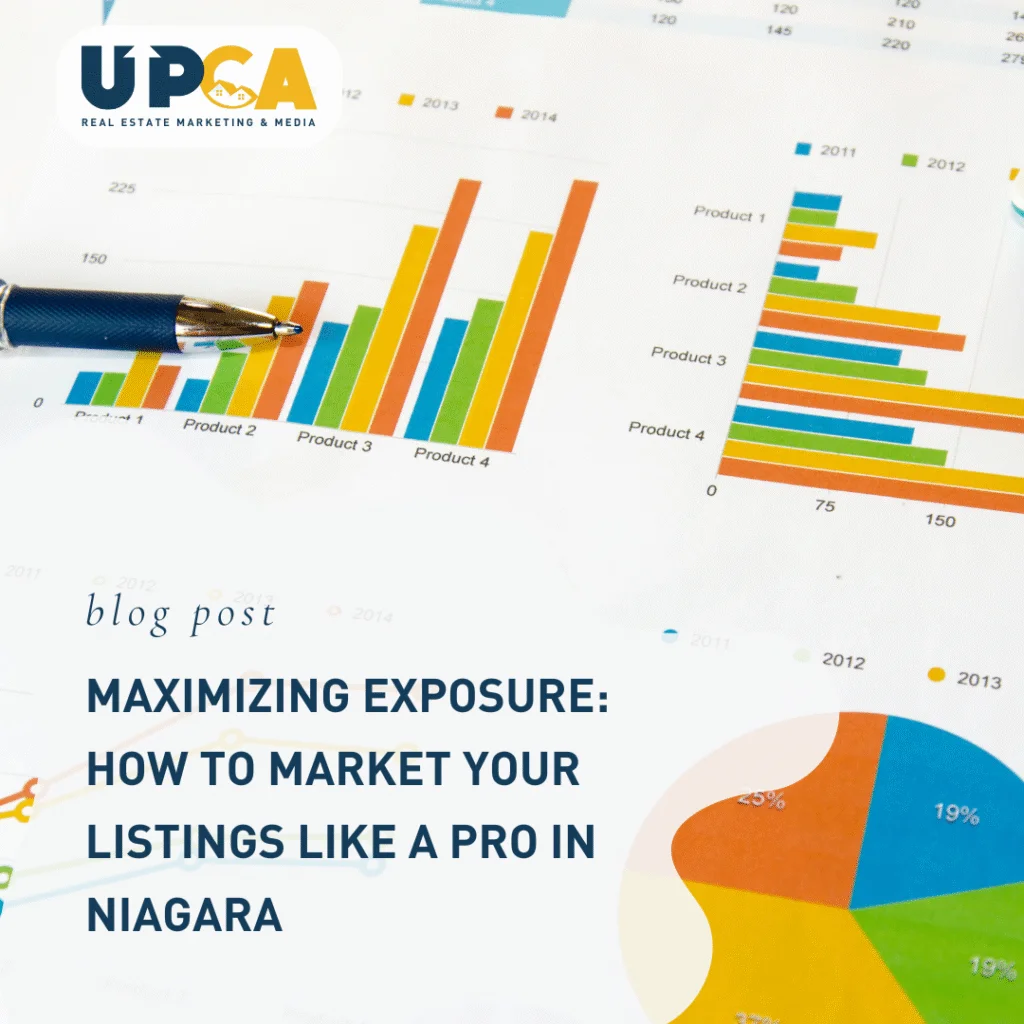 UPCA Real Estate Marketing blog post header with colorful bar and pie charts titled Maximizing Exposure How to Market Your Li